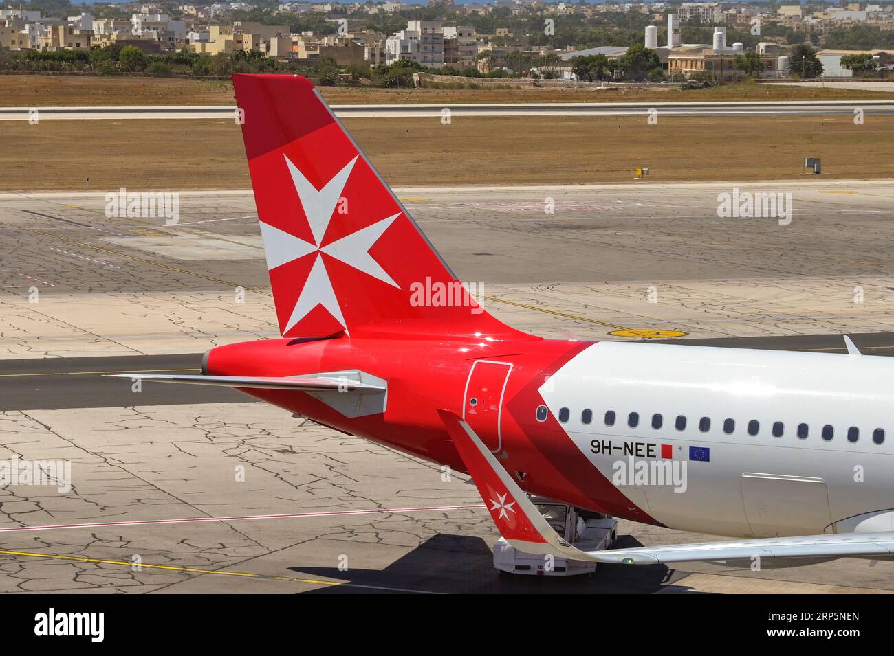 Luqa, Malta 7 August 2023 Tail fin of an Air Malta Airbus jet at the