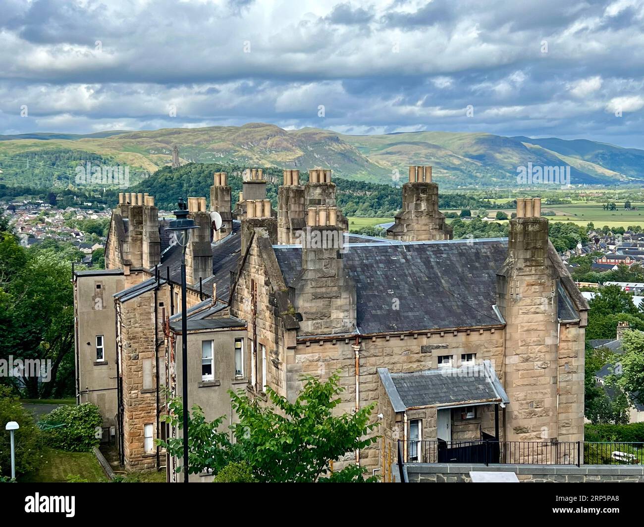 View from Stirling Castle with typical Scottish house and Wallace