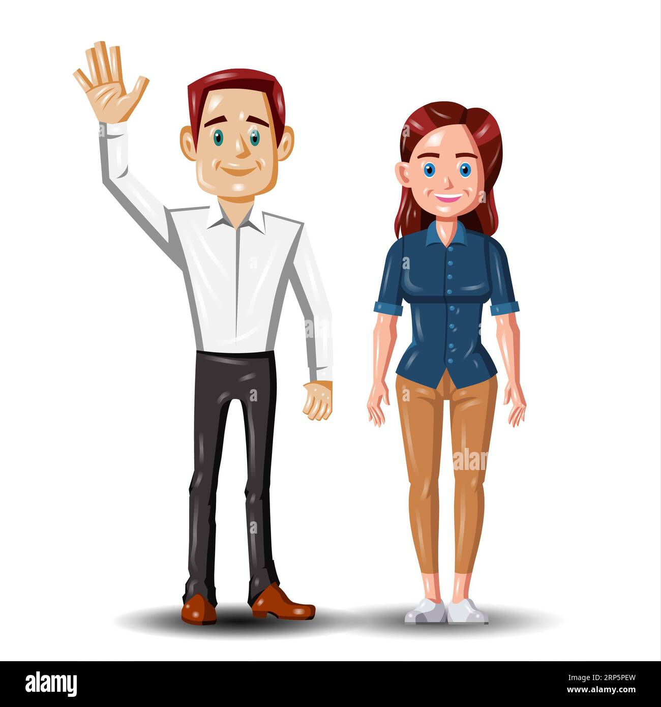 Man and woman waving hand isolated on white background. Vector illustration. Stock Photo