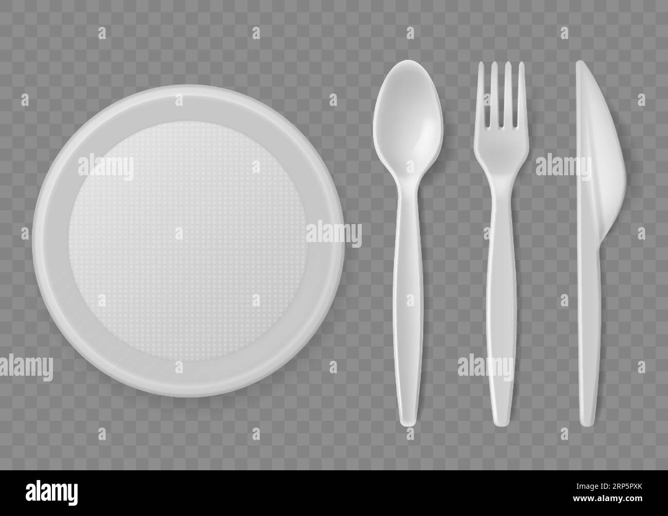 Plastic cutlery. Realistic disposable serving kitchen utensil, plate