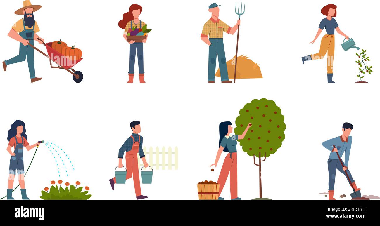 People in garden. Male and female doing farming job harvesting