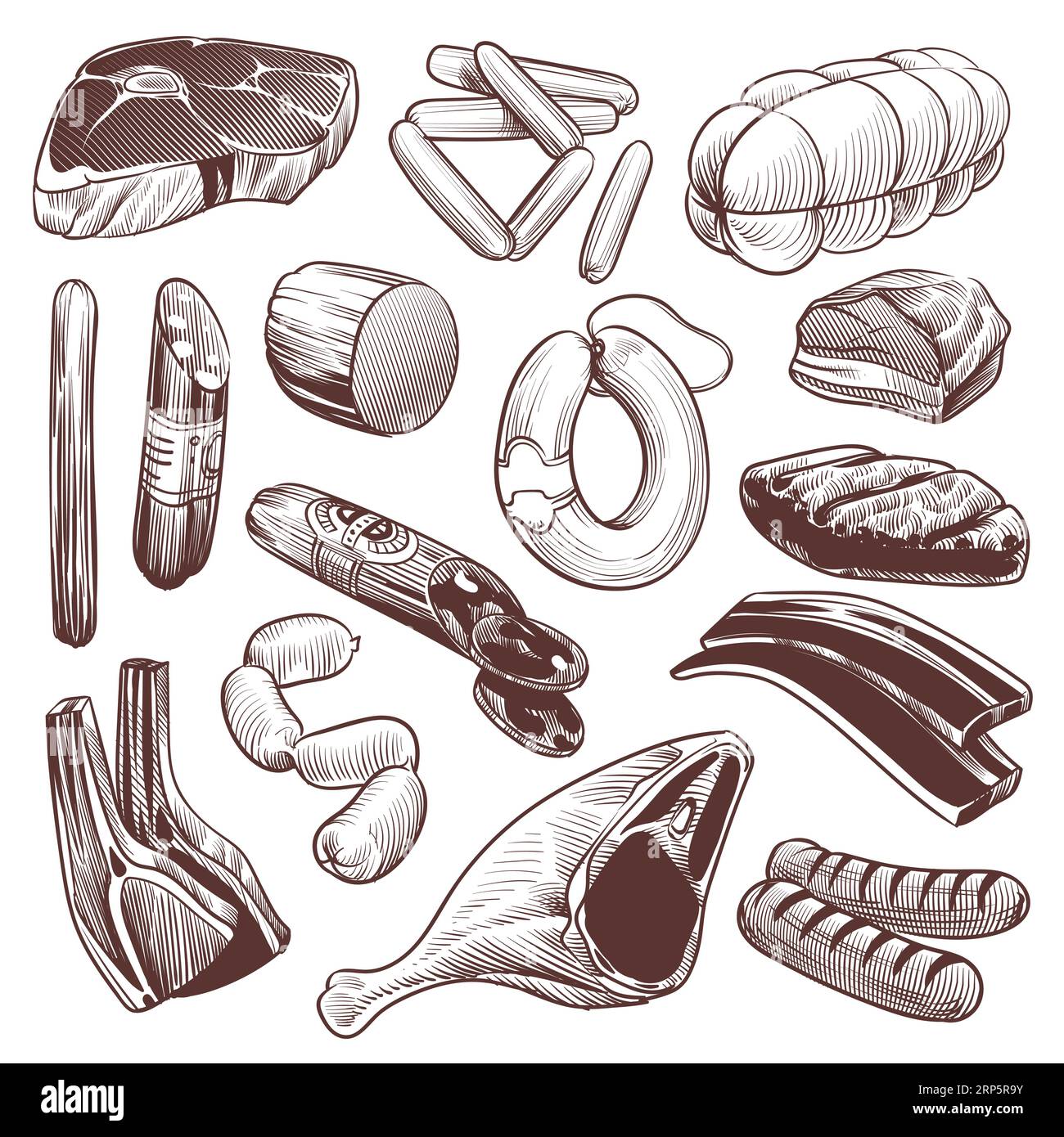 Hand drawn meat. Sketch meat products collection beef steak, pork ...