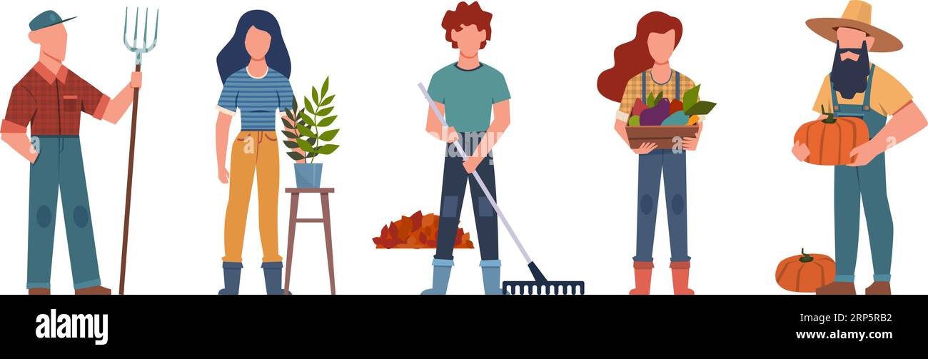 Gardener. Agricultural workers with gardening tools, seasonal job team