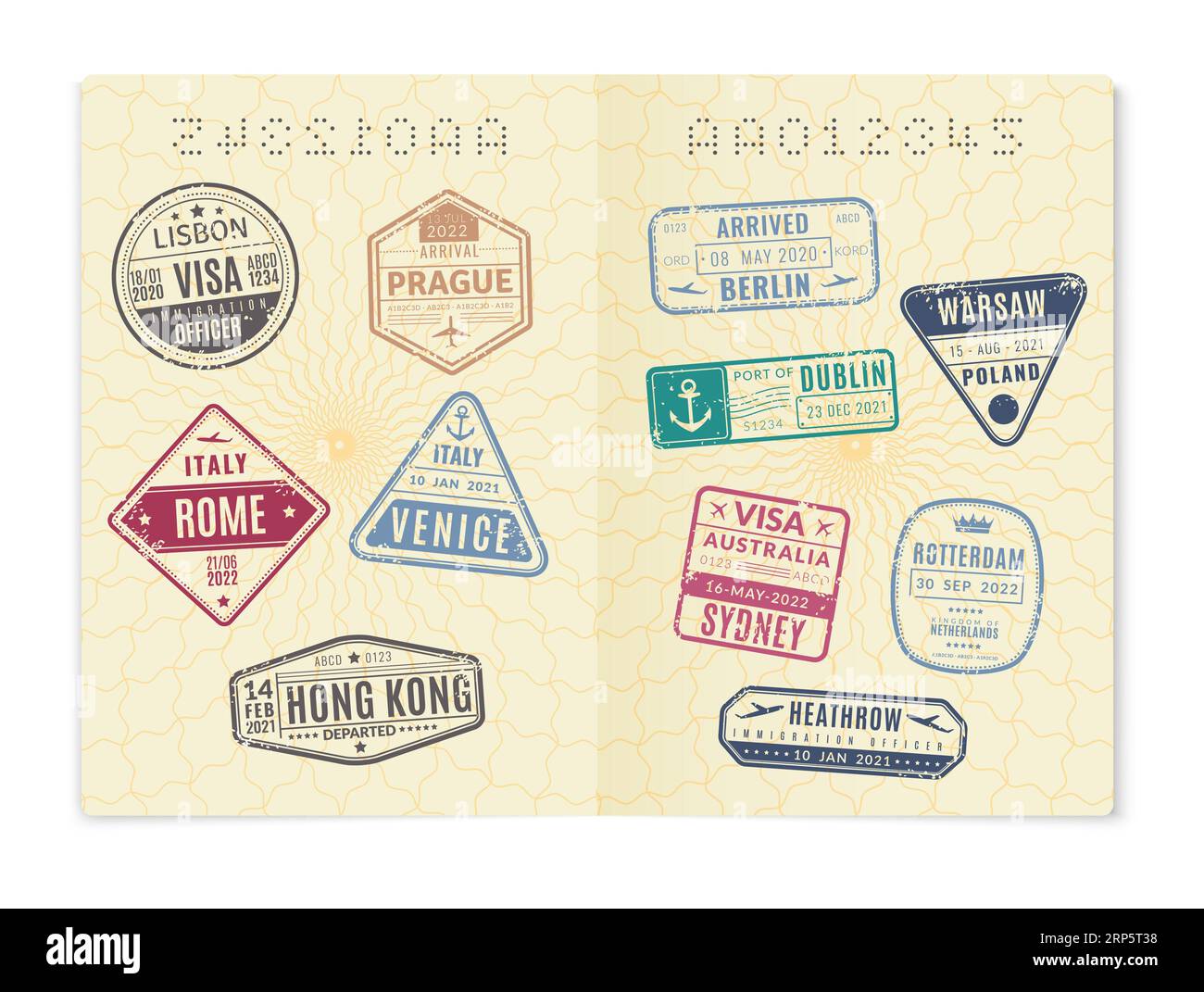 Passport page with visa stamps. Realistic open foreign international