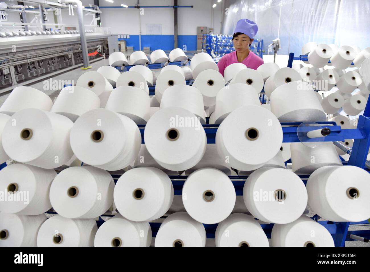 (181223) -- BEIJING, Dec. 23, 2018 (Xinhua) -- An employee arranges thread reels at a textile technology industrial park in Hongsibao of Wuzhong City, northwest China s Ningxia Hui Autonomous Region, Sept. 8, 2018. Areas of China suffering from extreme poverty have made faster progress in terms of poverty relief compared to the country s average pace in 2018, an official has said. The country has earnestly pushed ahead with poverty relief efforts in areas burdened by extreme poverty this year, said Liu Yongfu, director of the State Council Leading Group Office of Poverty Alleviation and Develo Stock Photo