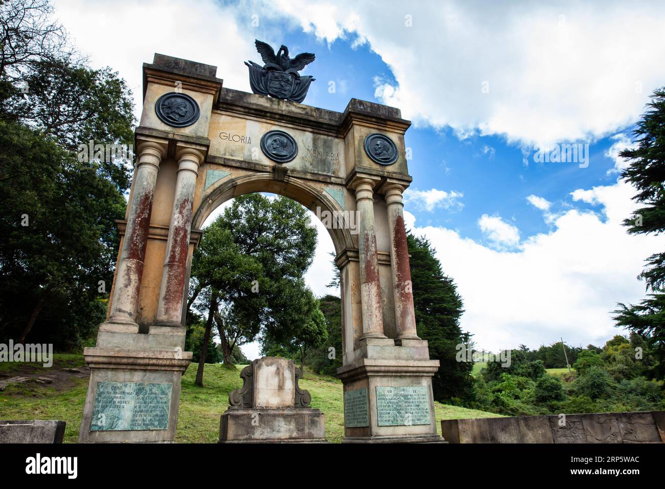 Arch of Triumph in Boyaca built in memory of the 3 races Mestizo, Creole and Spanish which participated in the process of independence of Colombia. Stock Photo