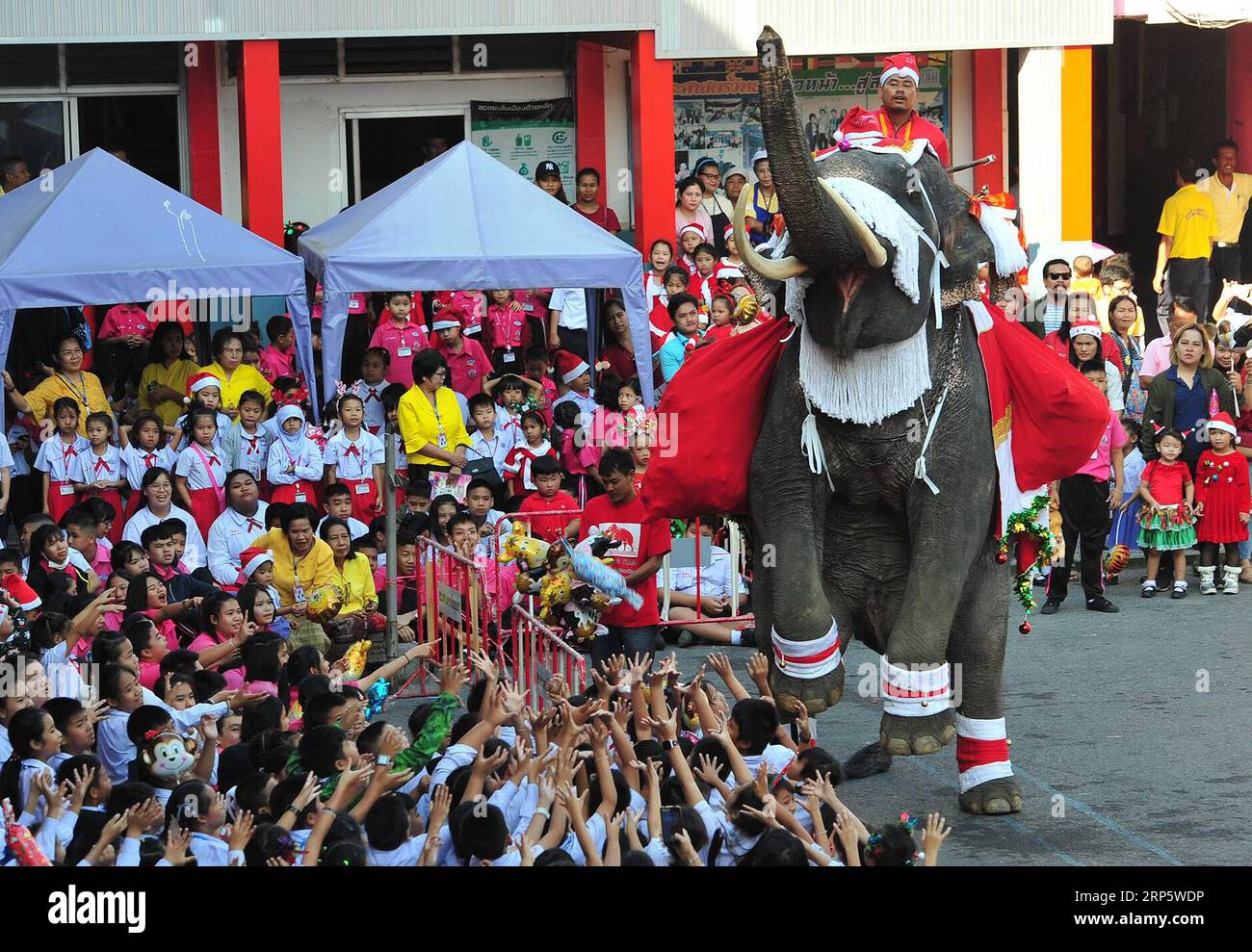 (181224) -- AYUTTHAYA, Dec. 24, 2018 (Xinhua) -- An elephant distributes gifts to students during Christmas celebrations at a school in Ayutthaya province, Thailand, Dec. 24, 2018. The annual event is held to celebrate Christmas and promote tourism in Ayutthaya. (Xinhua/Rachen Sageamsak) THAILAND-AYUTTHAYA-CHRISTMAS PUBLICATIONxNOTxINxCHN Stock Photo