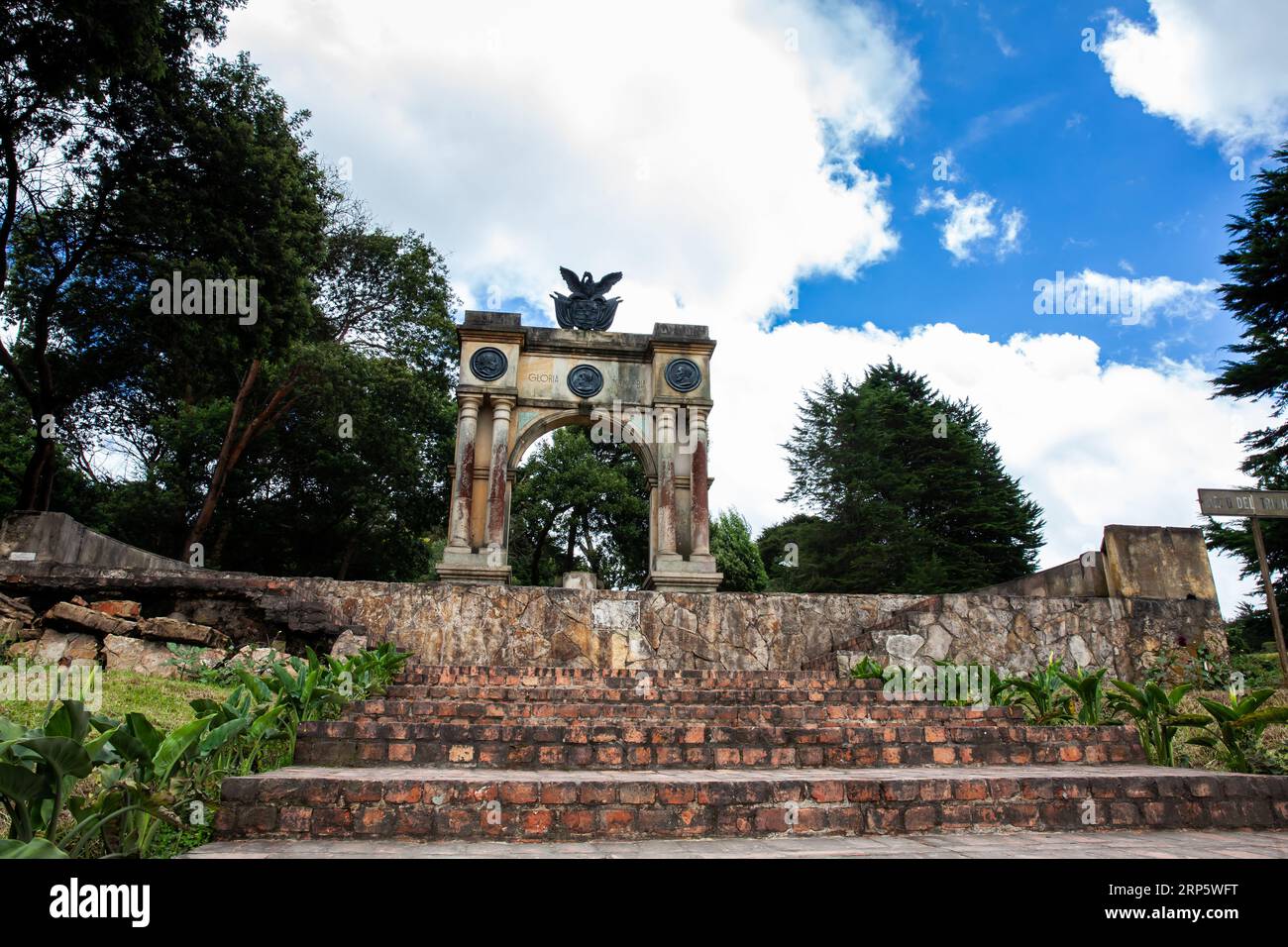 Arch of Triumph in Boyaca built in memory of the 3 races Mestizo, Creole and Spanish which participated in the process of independence of Colombia. Stock Photo