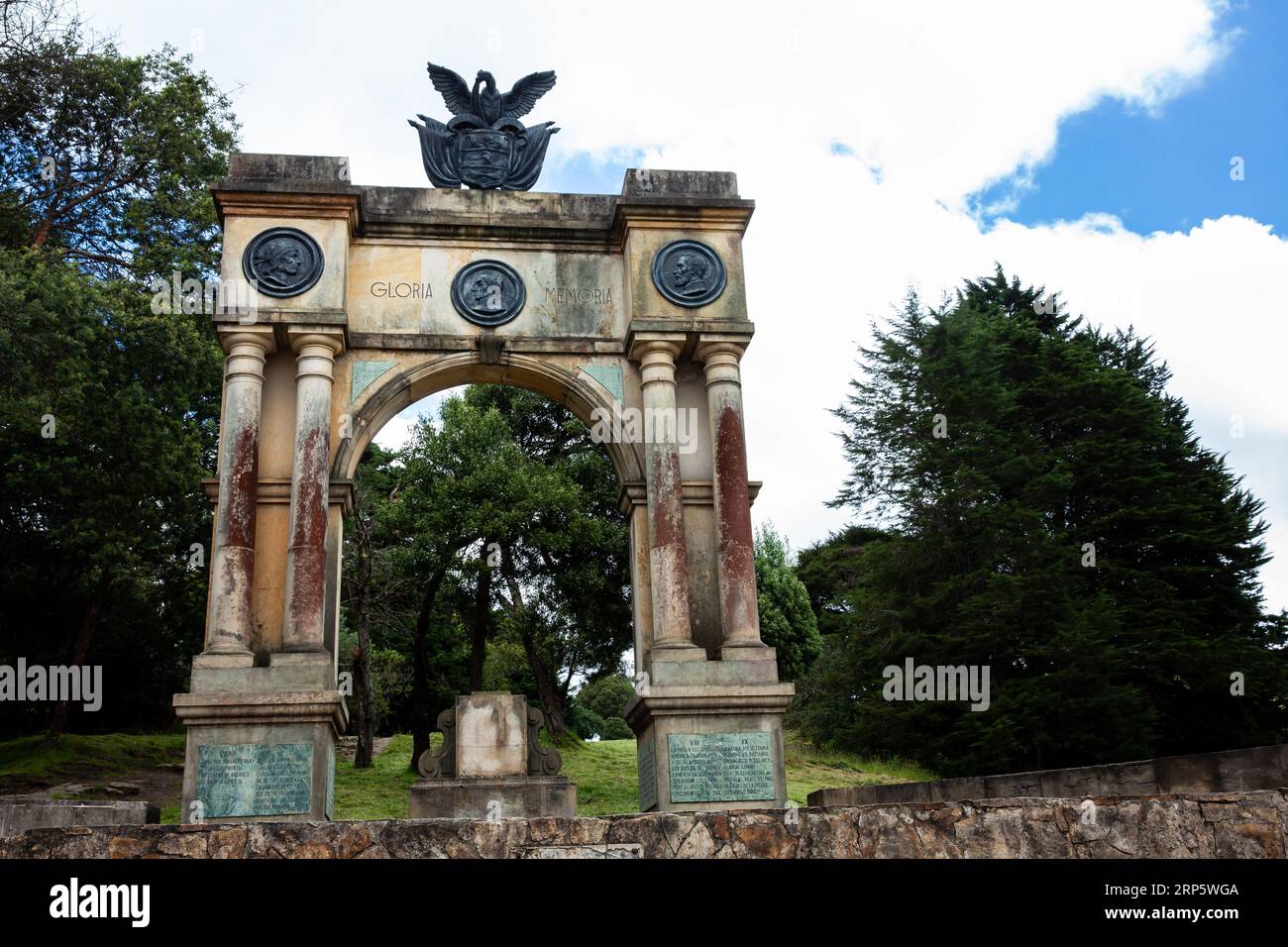 Arch of Triumph in Boyaca built in memory of the 3 races Mestizo, Creole and Spanish which participated in the process of independence of Colombia. Stock Photo