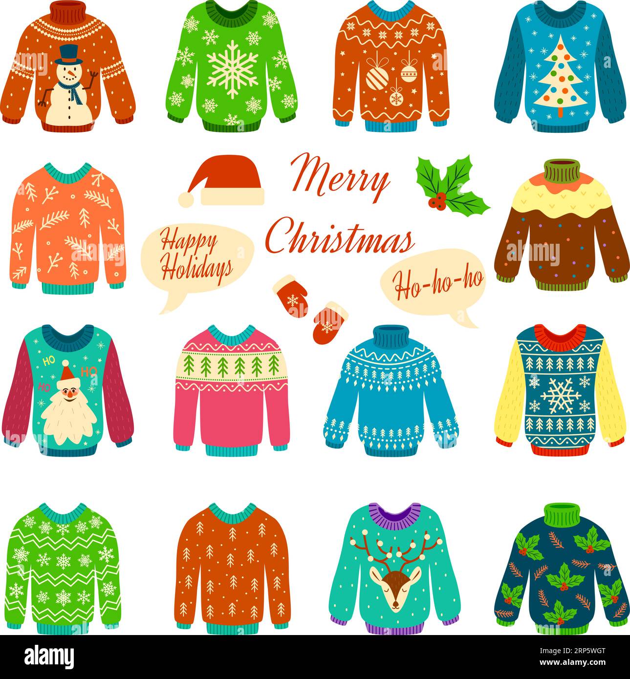 Boy in ugly Christmas sweater. Vector clipart on isolated
