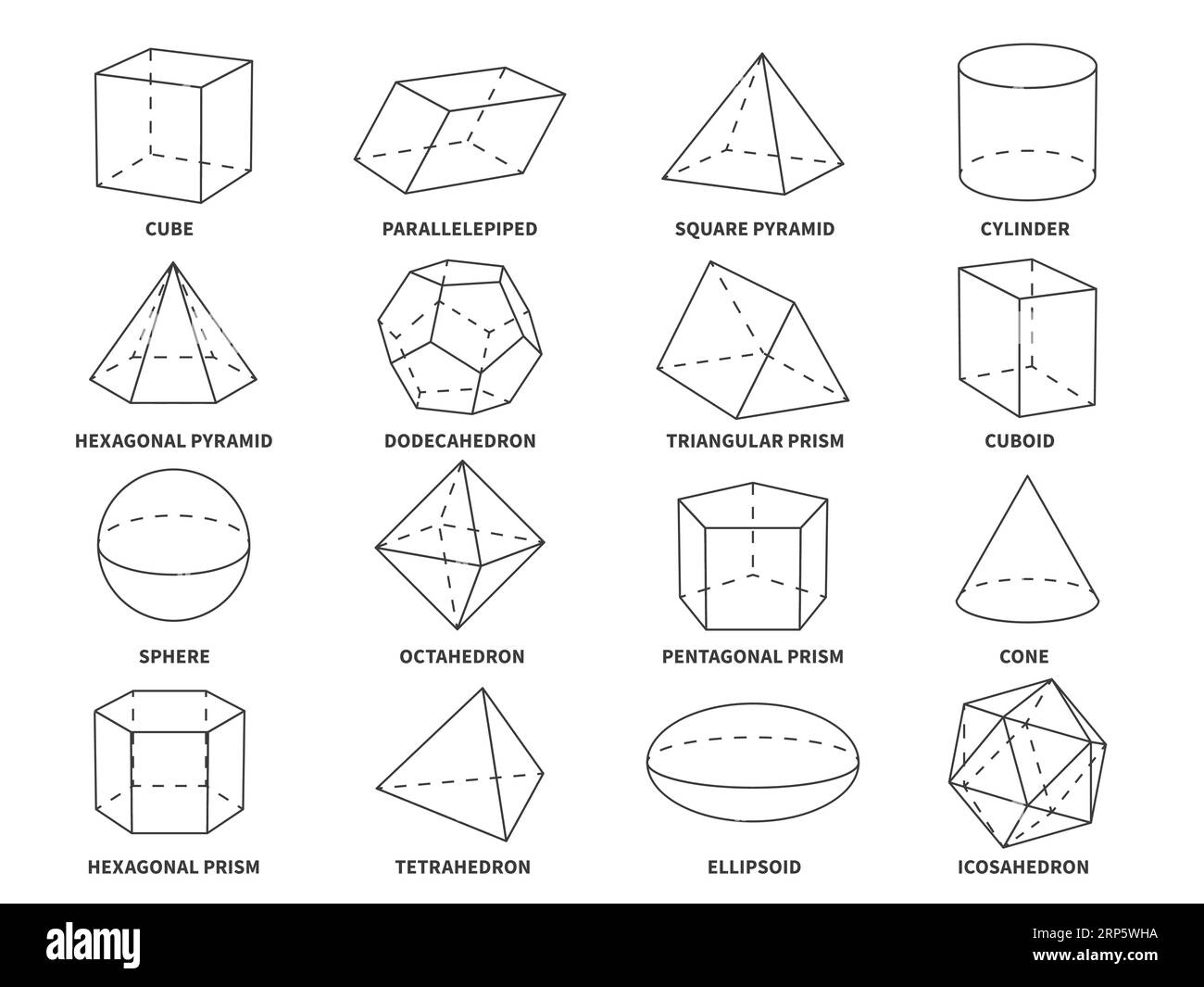 Geometric 3d line shapes. Geometry linear forms triangle, tetrahedron and cone, sphere and pyramid, hexagonal and prism objects vector education set Stock Vector