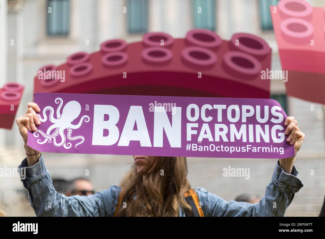 Madrid, Spain. 03rd Sep, 2023. A protester holds a banner reading 'Ban Octopus Farming', during a demonstration in front of the Congress of Deputies, in Madrid. A protest against the operation of the first industrial octopus farm located in Las Palmas de Gran Canaria is staged in the center of Madrid. (Photo by Luis Soto/SOPA Images/Sipa USA) Credit: Sipa USA/Alamy Live News Stock Photo