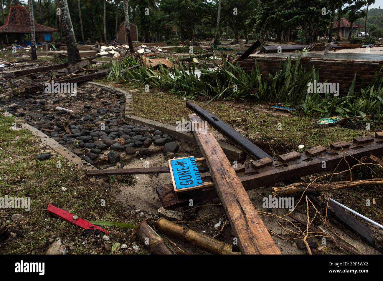 (181225) -- PANDEGLANG, Dec. 25, 2018 -- Debris is seen at Tanjung Lesung district of Pandeglang, Banten Province, Indonesia, Dec. 25, 2018. Casualty from the tsunami triggered by a volcanic eruption in Sunda Strait in Indonesia climbed to 429 people on Tuesday, spokesman of national disaster management agency Sutopo Purwo Nugroho told a press conference. ) INDONESIA-PANDEGLANG-TSUNAMI-AFTERMATH VerixSanovri PUBLICATIONxNOTxINxCHN Stock Photo