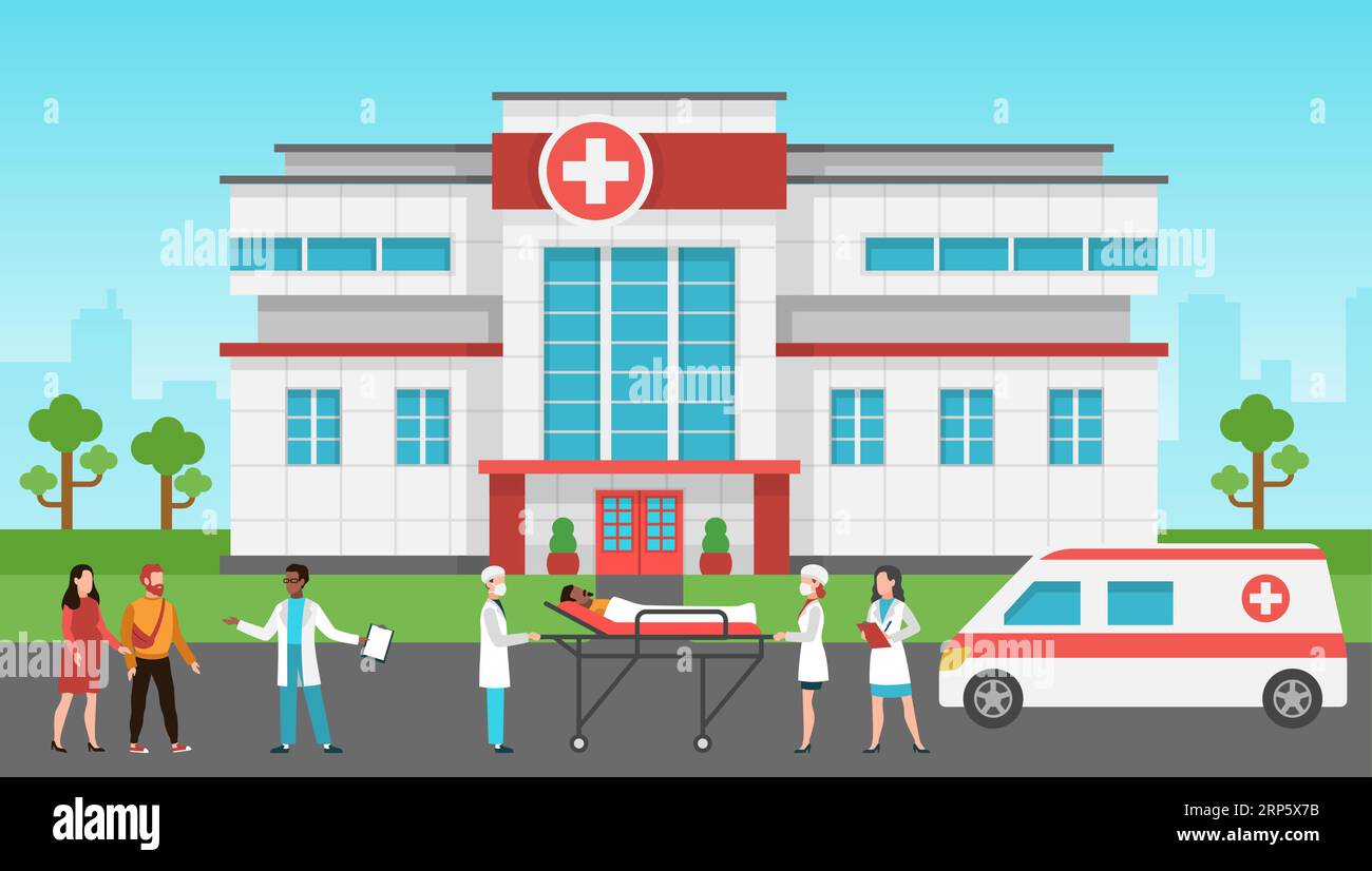 Hospital exterior. Panorama medical building, health centre. Emergency