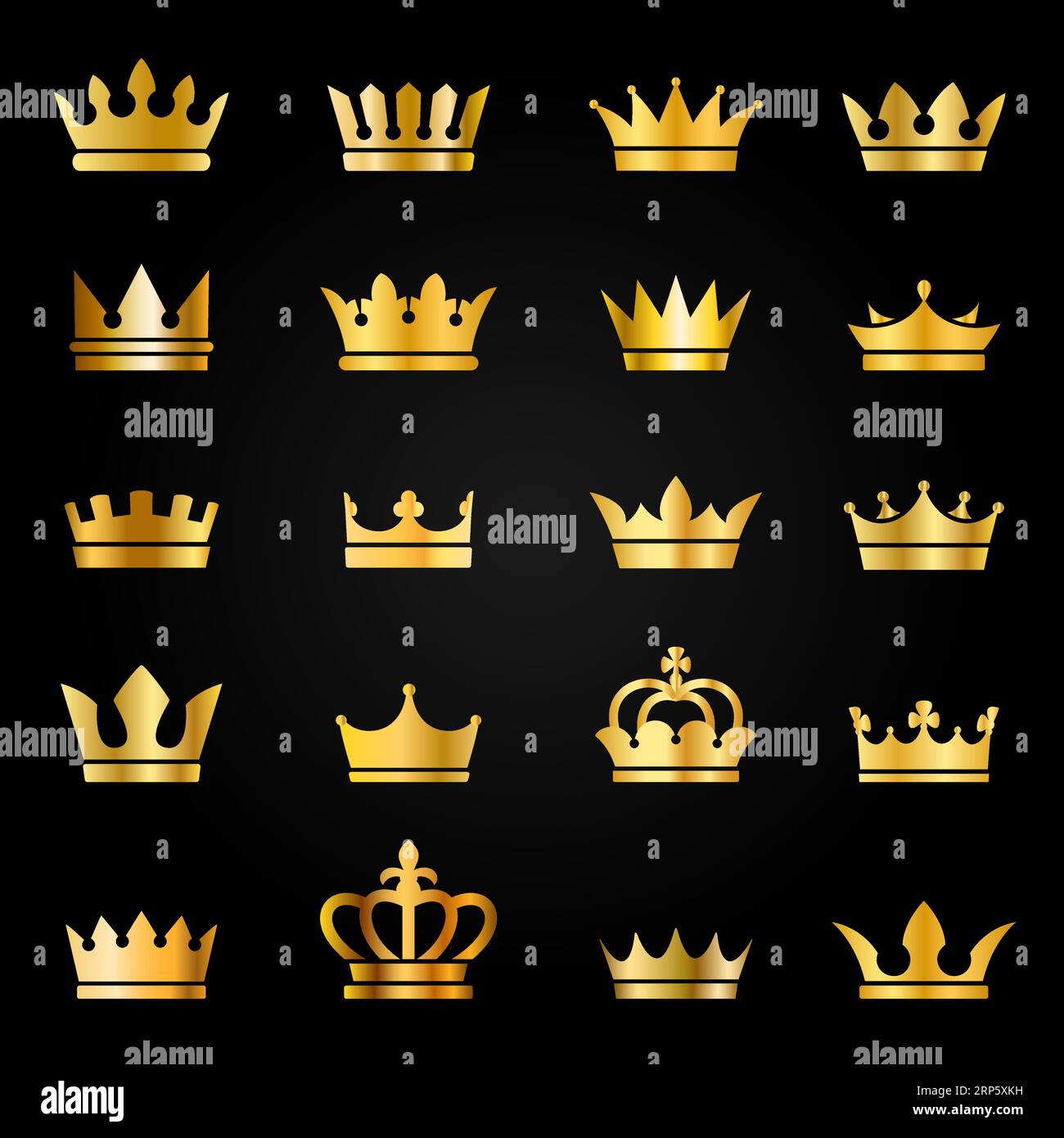 Gold crown icons. Queen king golden crowns luxury royal on blackboard