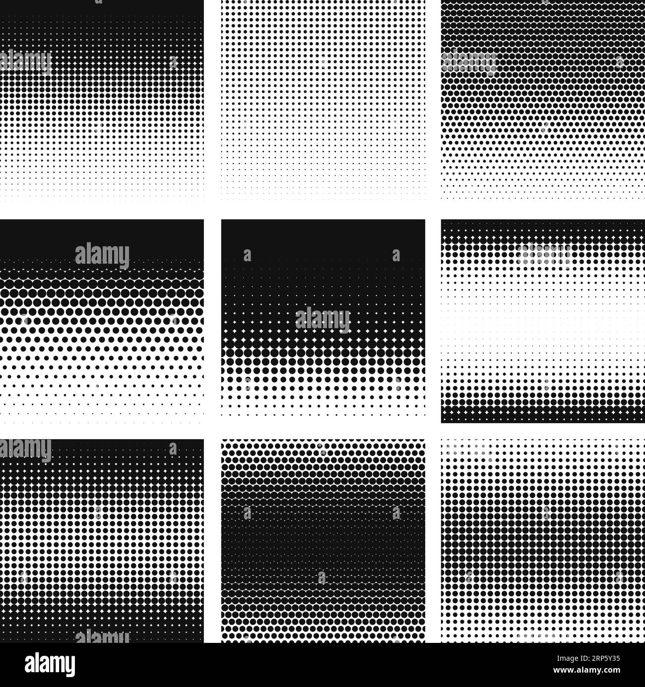 Halftone. Gradient halftone dots graphic, digital technology pattern. Grayscale perforated monochrome honeycomb geometric texture template vector set Stock Vector