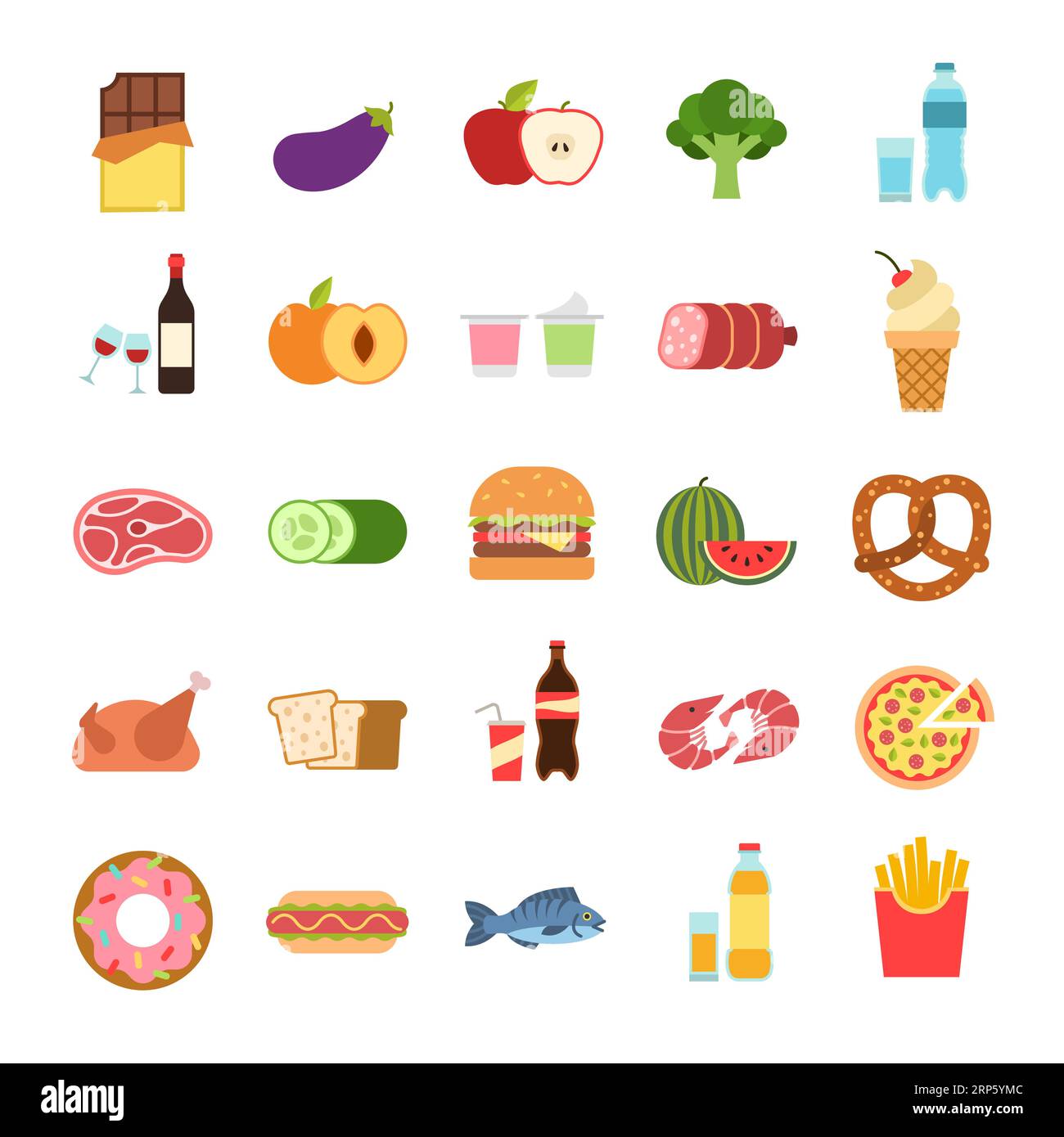 Flat food. Hamburger and bread, pizza and fruits, drinks. Vegetables