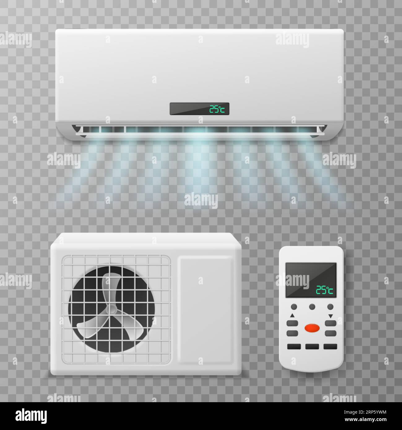 Air conditioning. Realistic conditioner with remote controller, hot or