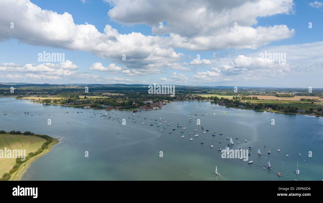Aerial view of the Bosham channel in Chichester harbour. Lines of