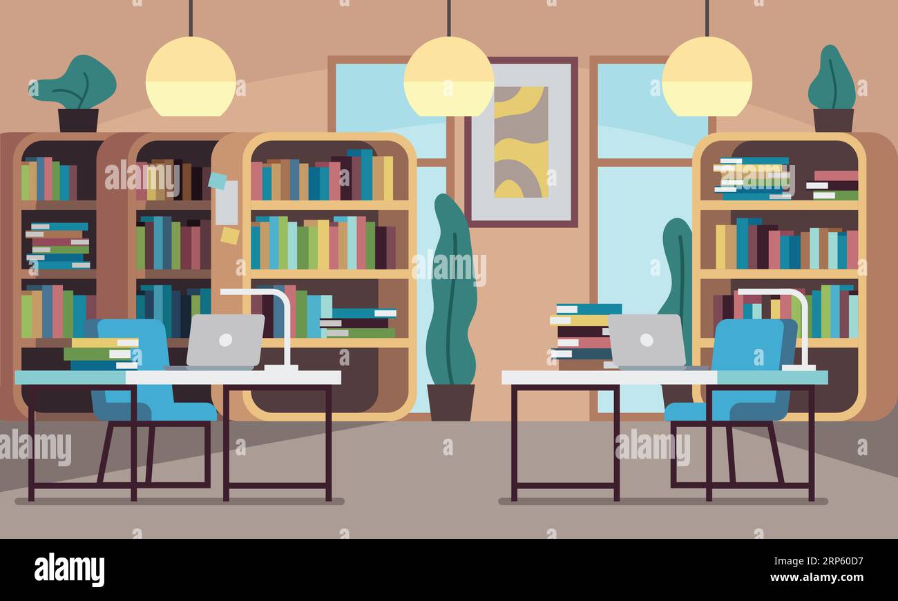 Library. Public reading room with bookcase, bookshelves, wooden desks