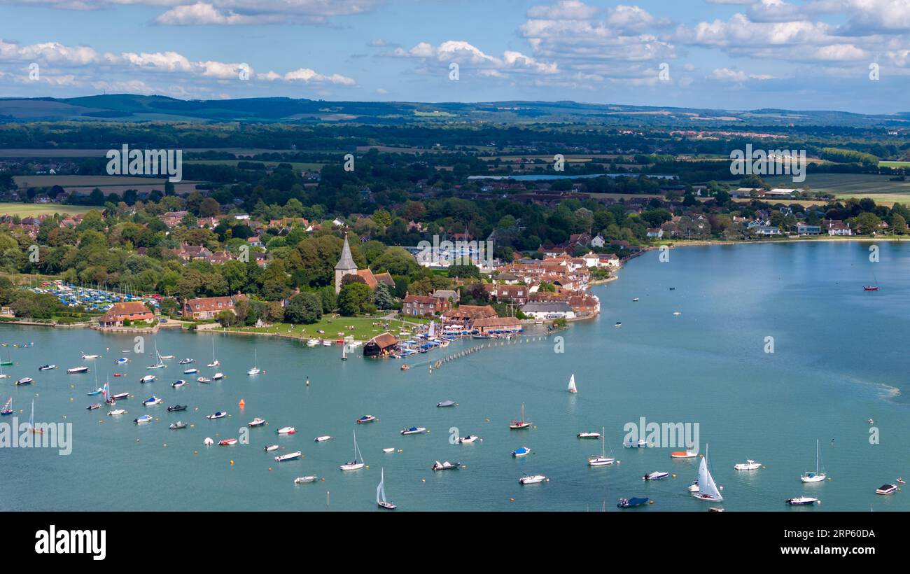 Aerial view of the Bosham channel in Chichester harbour. Lines of