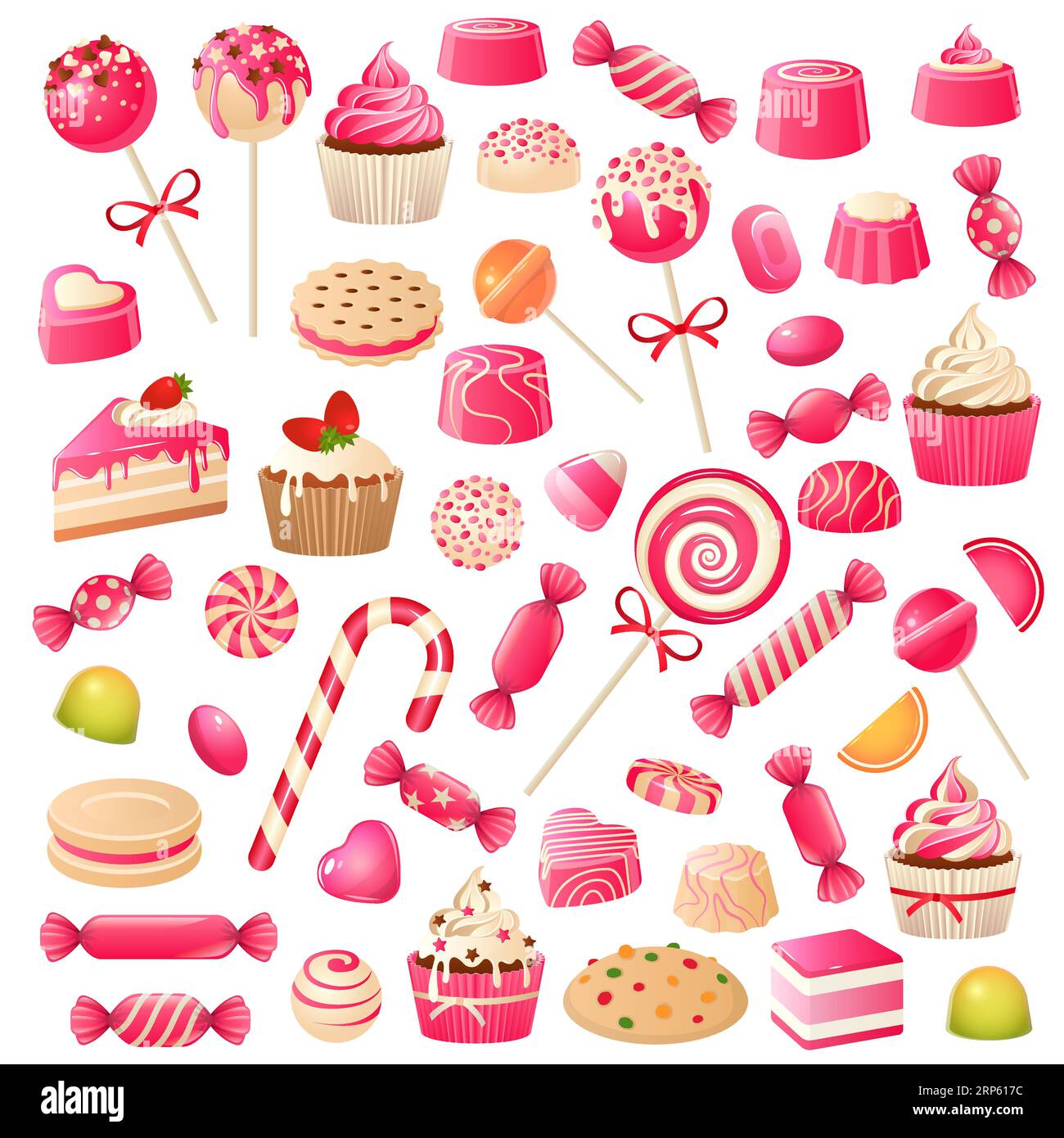 Candy set. Sweet desserts chocolate candies, marshmallow and dragee