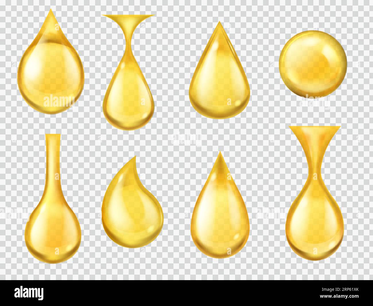 Realistic oil drops. Falling honey drop, gasoline yellow droplet. Gold