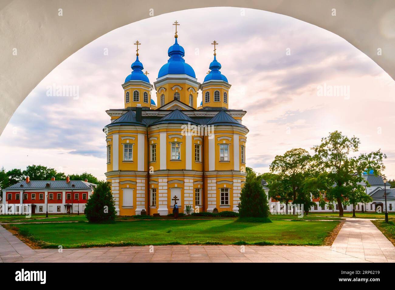 Cathedral in the name of the Nativity of the Blessed Virgin Mary Konevsky monastery on the island of Konevets on Lake Ladoga - Russia. Bell tower abov Stock Photo