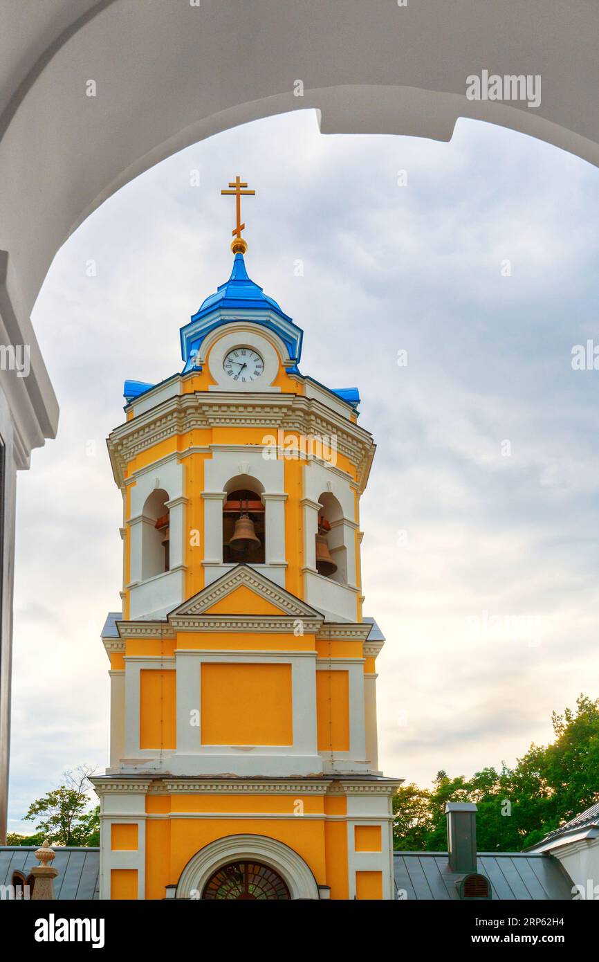 Konevsky monastery on the island of Konevets on Lake Ladoga - Russia. Bell tower above the entrance to the territory of the monastery. Stock Photo