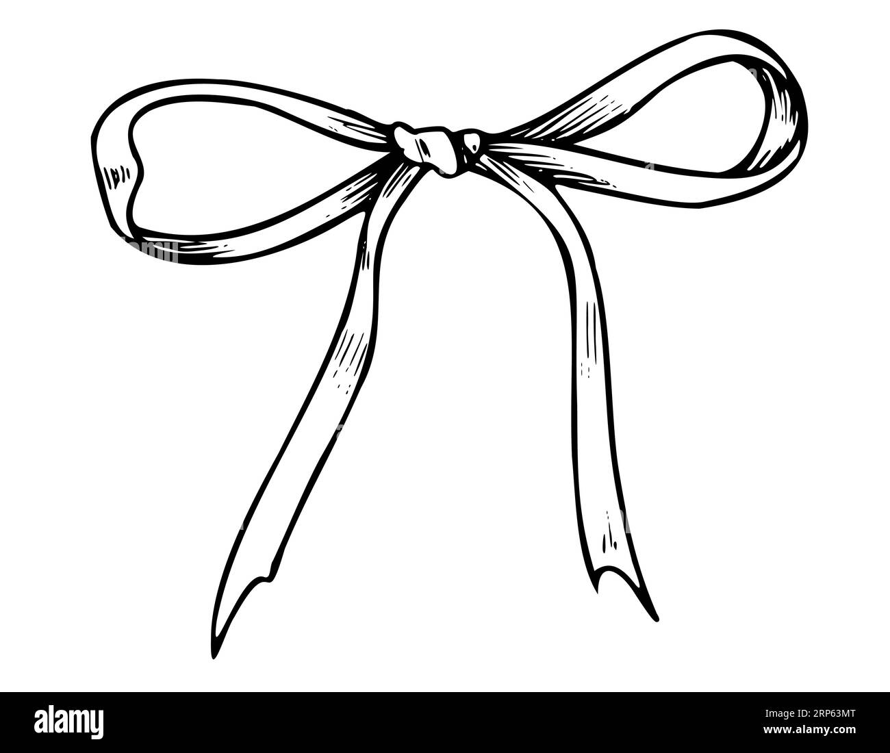 Ribbon with Bow. Hand drawn vector illustration of satin or silk knot on white isolated background for gift or present in line art style. Drawing of ornate textile tape painted by black inks. Stock Vector