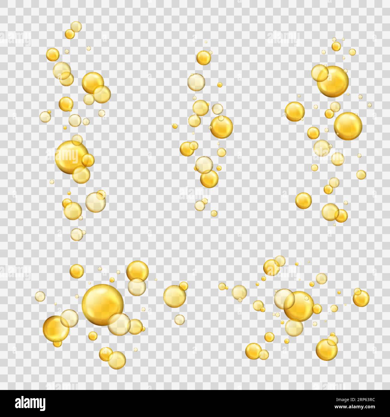 Oil bubbles. Shiny oil drops, cosmetic gold pill capsules collagen