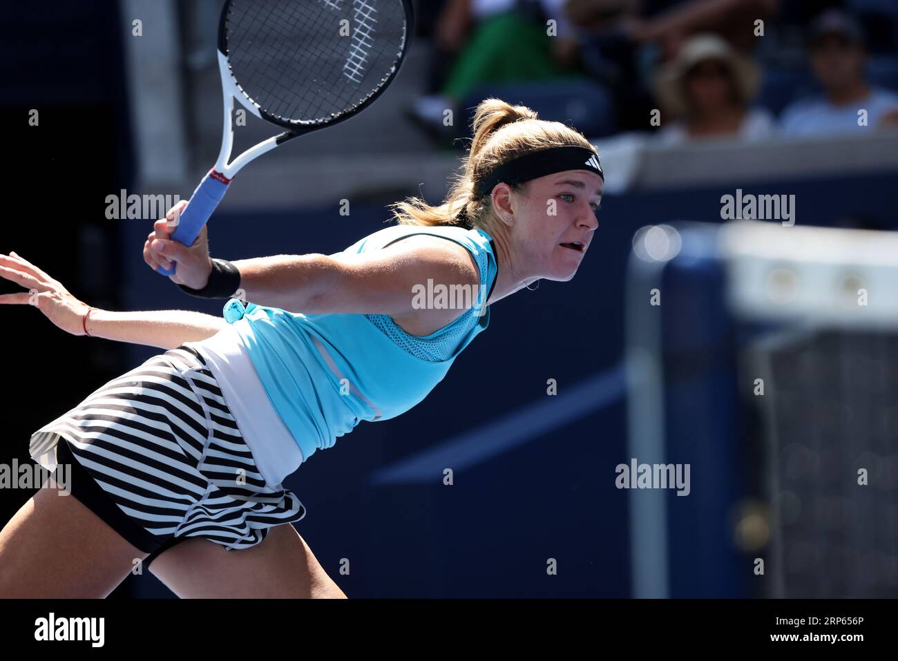 New York, United States. 03rd Sep, 2023. Karolina Muchova of the Czech Republic returns a forehand to Xinyu Wang of China during their fourth round match at the US Open. Muchova won in three sets. Photography by Credit: Adam Stoltman/Alamy Live News Stock Photo