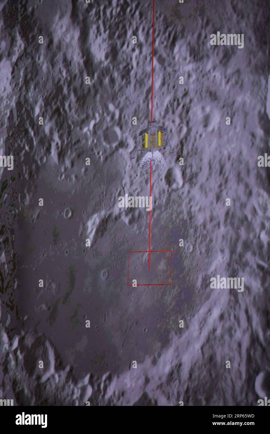 (190103) -- BEIJING, Jan. 3, 2019 -- A simulated landing process of Chang e-4 lunar probe is seen through the monitor at Beijing Aerospace Control Center in Beijing, capital of China, Jan. 3, 2019. China s Chang e-4 probe touched down on the far side of the moon Thursday, becoming the first spacecraft soft-landing on the moon s uncharted side never visible from Earth. The probe, comprising a lander and a rover, landed at the preselected landing area on the far side of the moon at 10:26 a.m. Beijing Time (0226 GMT), the China National Space Administration announced. ) CHINA-CHANG E-LUNAR PROBE- Stock Photo