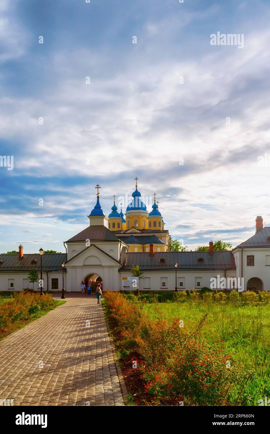Konevsky Monastery on Konevets Island on Lake Ladoga, Russia. View of the central entrance of the monastery from the side of the forest. Stock Photo