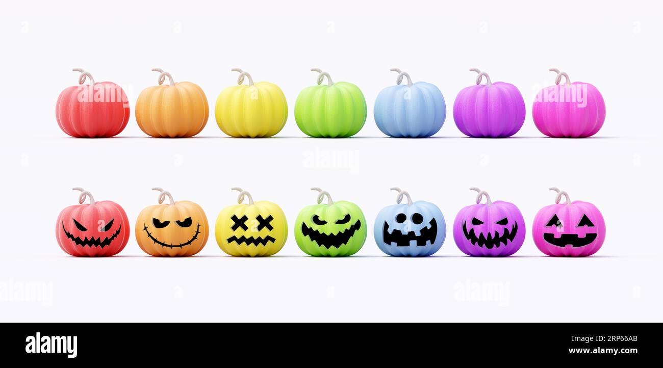 Rainbow colors Halloween Pumpkins on white background 3d render 3d illustration Stock Photo