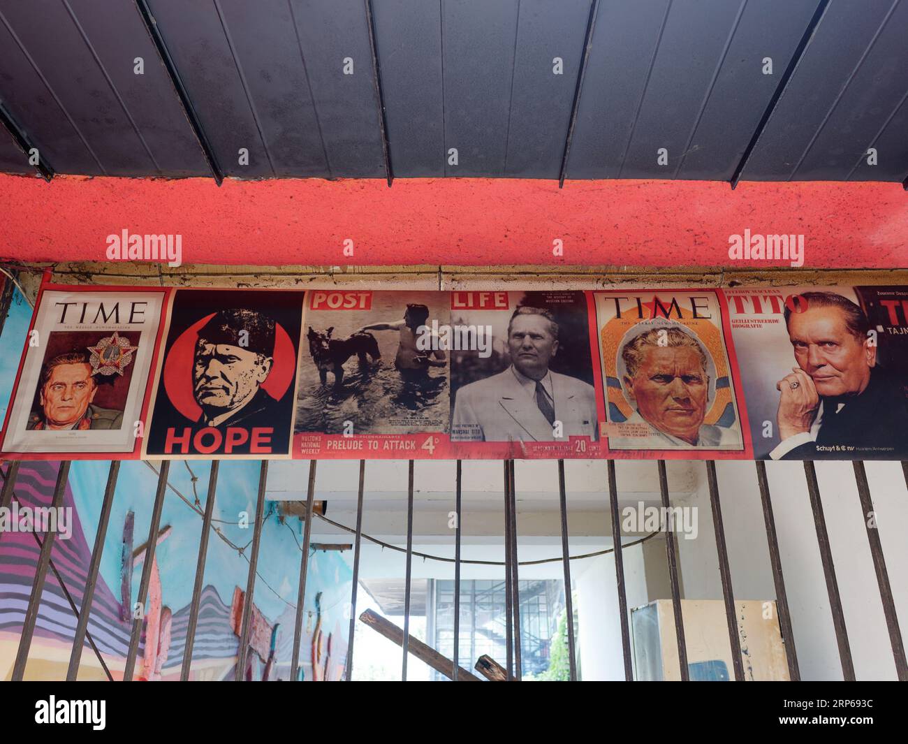 Tito and historic memorabilia posters at themed cafe/bar in the city of Sarajevo, Bosnia and Herzegovina, September 03, 2023 Stock Photo