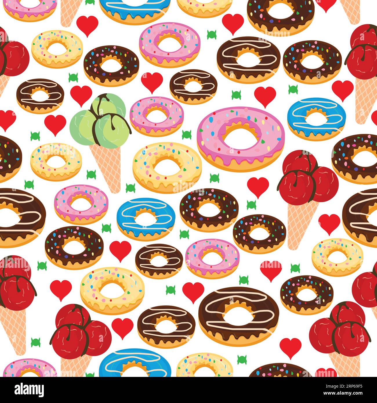 Ice cream and doughnuts seamless pattern; chocolate flavor; vanilla, blueberry flavours pattern Stock Vector