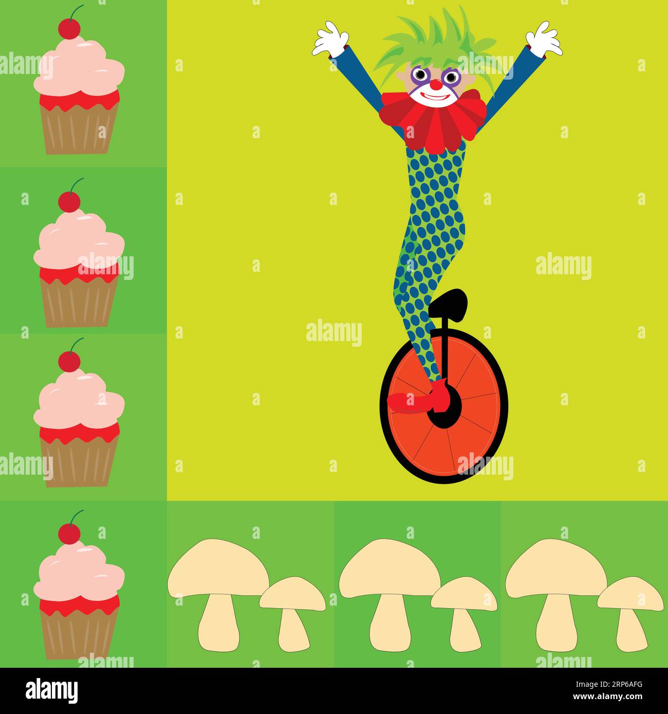 Background for table napkins with clown on monocycle cookie and mushrooms; circus actor performing a unicycle trick with a border of mushrooms and muf Stock Vector