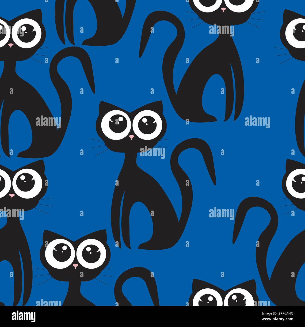 Cute childish kitty pattern with huge eyes on blue background Stock Vector