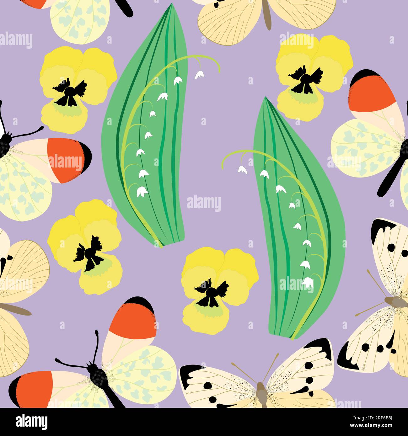 Small white butterfly and Anthocaris cardamines with Lily flowers and Pansy flowers seamless pattern over purple background; Stock Vector
