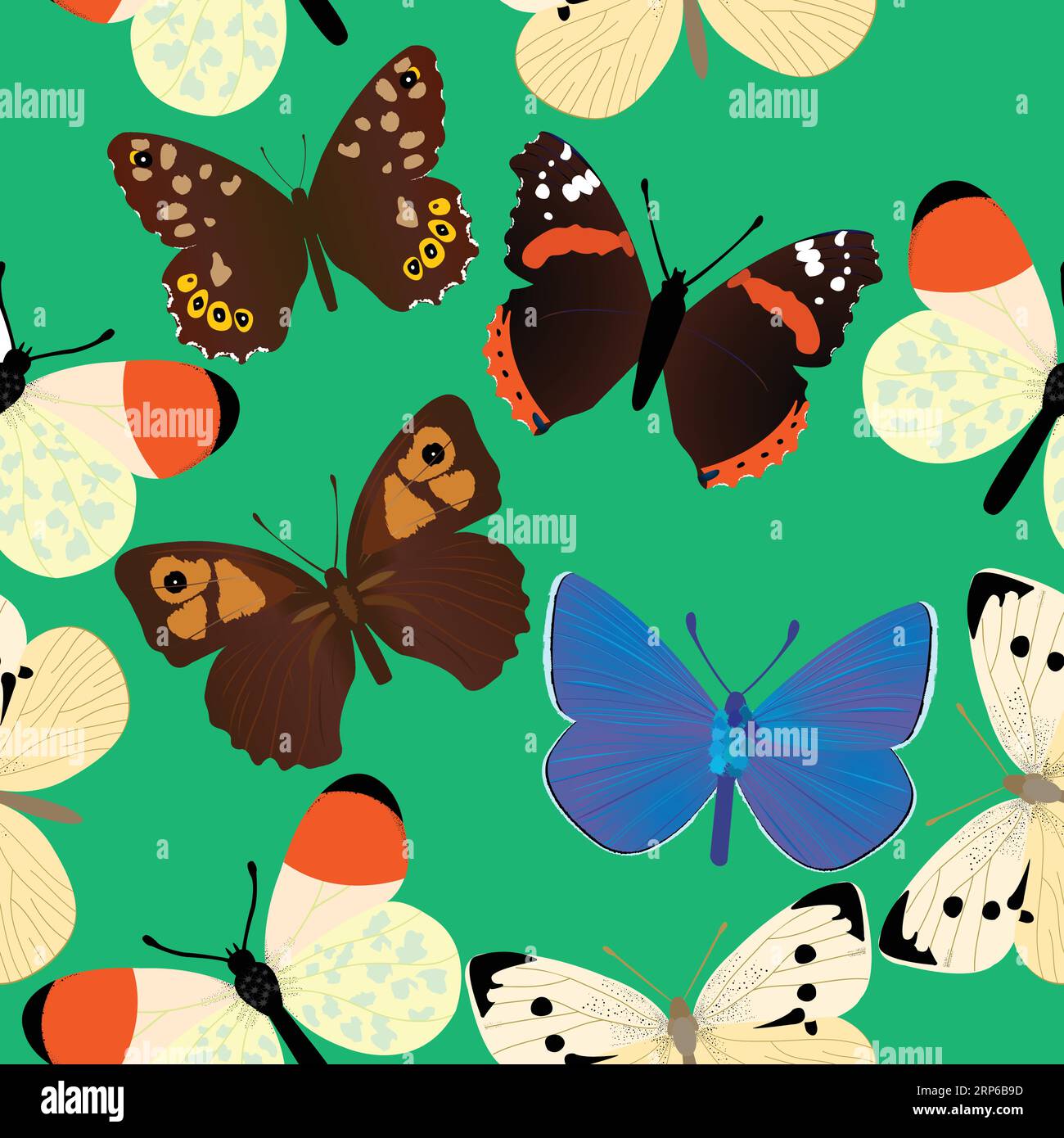 Seamless common butterfly pattern with green background; vector ...