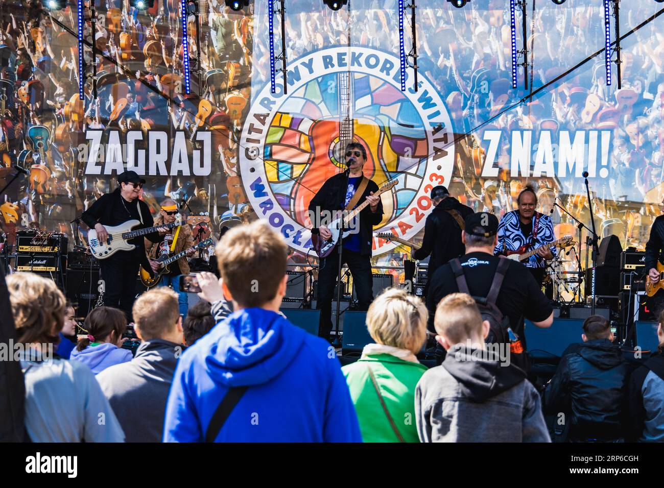 Wroclaw, Poland May 1 2023 Artists and guitarists at main stage at