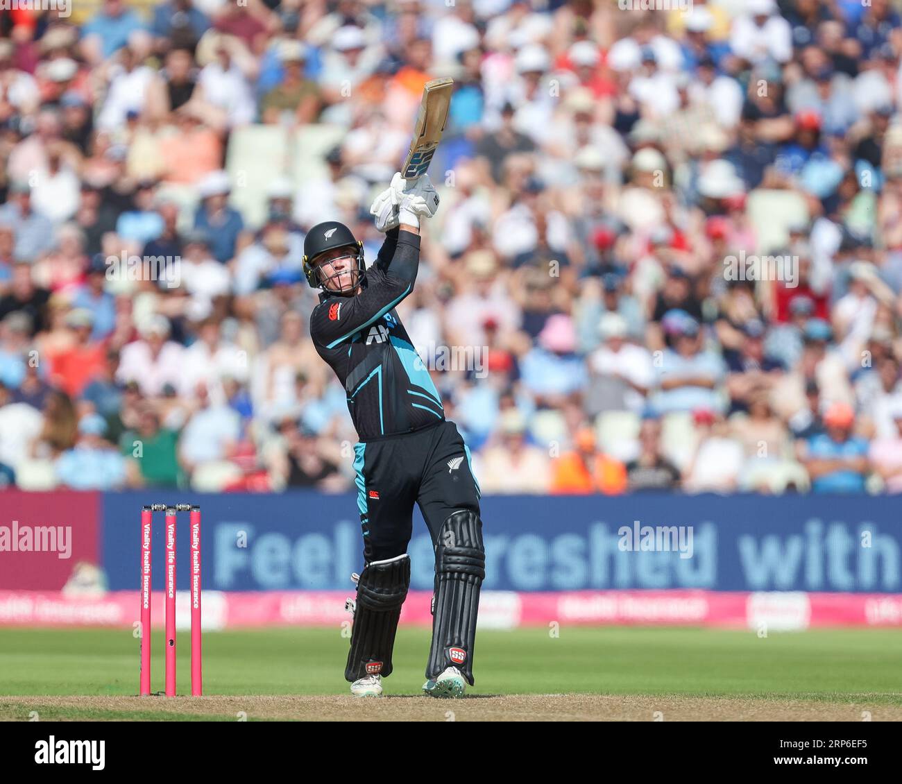 Birmingham, UK. 03rd Sep, 2023. Blackcaps Finn Allen hits a big drive to the boundary during the England Men v New Zealand 3rd Vitality T20 International match between England and New Zealand at Edgbaston Cricket Ground, Birmingham, England on 3 September 2023. Photo by Stuart Leggett. Editorial use only, license required for commercial use. No use in betting, games or a single club/league/player publications. Credit: UK Sports Pics Ltd/Alamy Live News Stock Photo