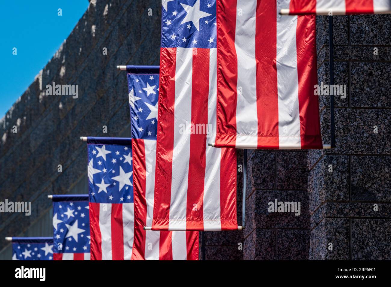 American Flags line entrance to Mount Rushmore National Memorial; Black Hills; North Dakota; USA Stock Photo