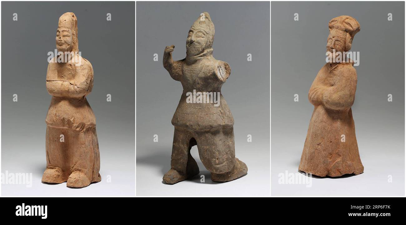 (190111) -- XI AN, Jan. 11, 2019 (Xinhua) -- Combo file photo shows earthenware unearthed from a tomb dating back to the Sixteen Kingdoms (304-439 A.D.) in Leijia Village of Xixian New Area, northwest China s Shaanxi Province. Archaeologists in northwest China s Shaanxi Province said Friday they have discovered an ancient tomb group dating back more than 1,500 years in a village in the province. Archaeologists with the Shaanxi Academy of Archaeology said that a cluster of 12 tombs dating back to the Sixteen Kingdoms (304-439 A.D.) was excavated from 2017 to 2018 in Leijia Village of Xixian New Stock Photo