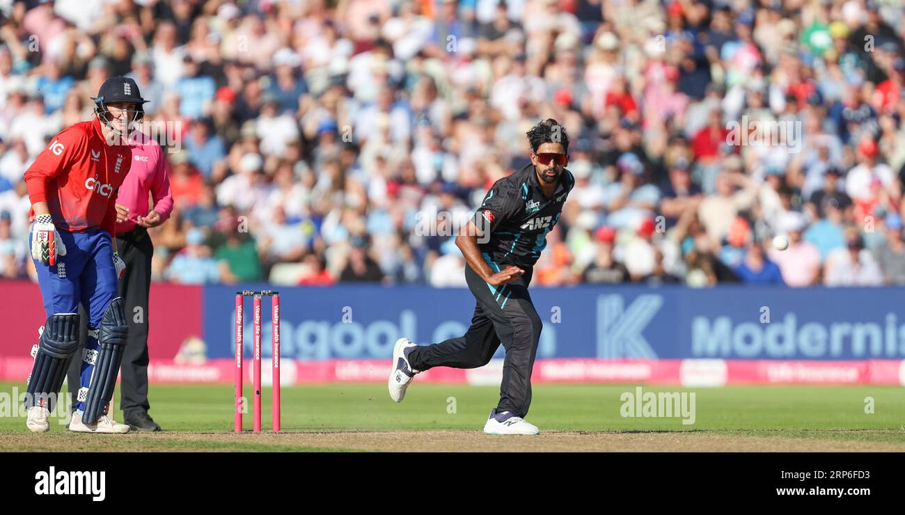 Birmingham, UK. 03rd Sep, 2023. Blackcaps Ish Sodhi in action bowling during the England Men v New Zealand 3rd Vitality T20 International match between England and New Zealand at Edgbaston Cricket Ground, Birmingham, England on 3 September 2023. Photo by Stuart Leggett. Editorial use only, license required for commercial use. No use in betting, games or a single club/league/player publications. Credit: UK Sports Pics Ltd/Alamy Live News Stock Photo