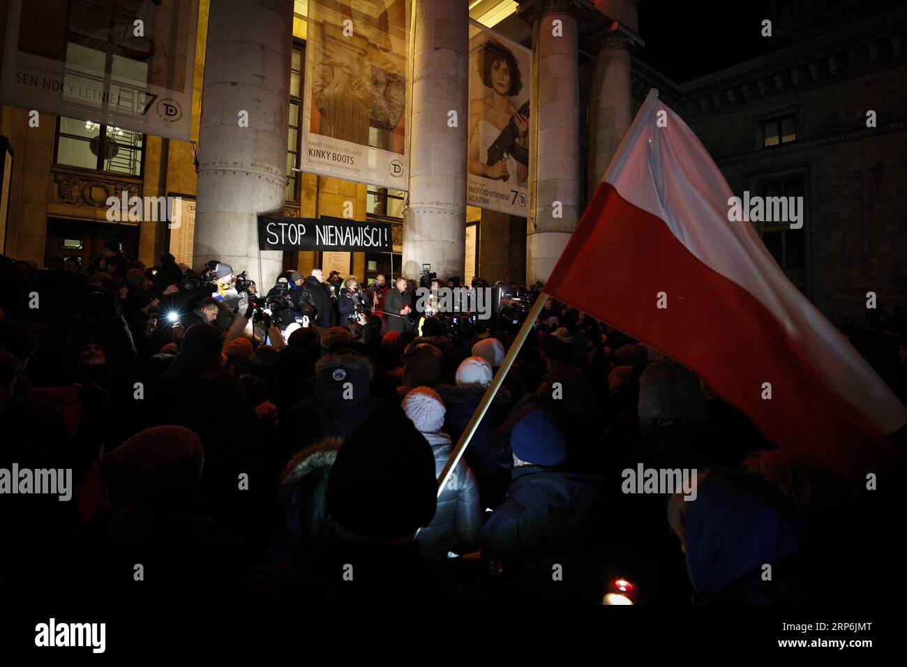 (190115) -- WARSAW, Jan. 15, 2019 -- People hold a banner saying stop hating during a march in commemoration of Pawel Adamowicz, the late Mayor of the Polish port city of Gdansk, in center of Warsaw, Poland, Jan. 14, 2018. The UN refugee agency, UNHCR, said Monday it is deeply shocked and saddened to hear that Pawel Adamowicz has died after being stabbed at a charity event. Adamowicz launched the Gdansk Immigrant Integration Model in 2016, a model that has inspired other Polish cities, said the UN agency. The agency wrote in February 2018 that the Gdansk Model is a comprehensive program to hel Stock Photo