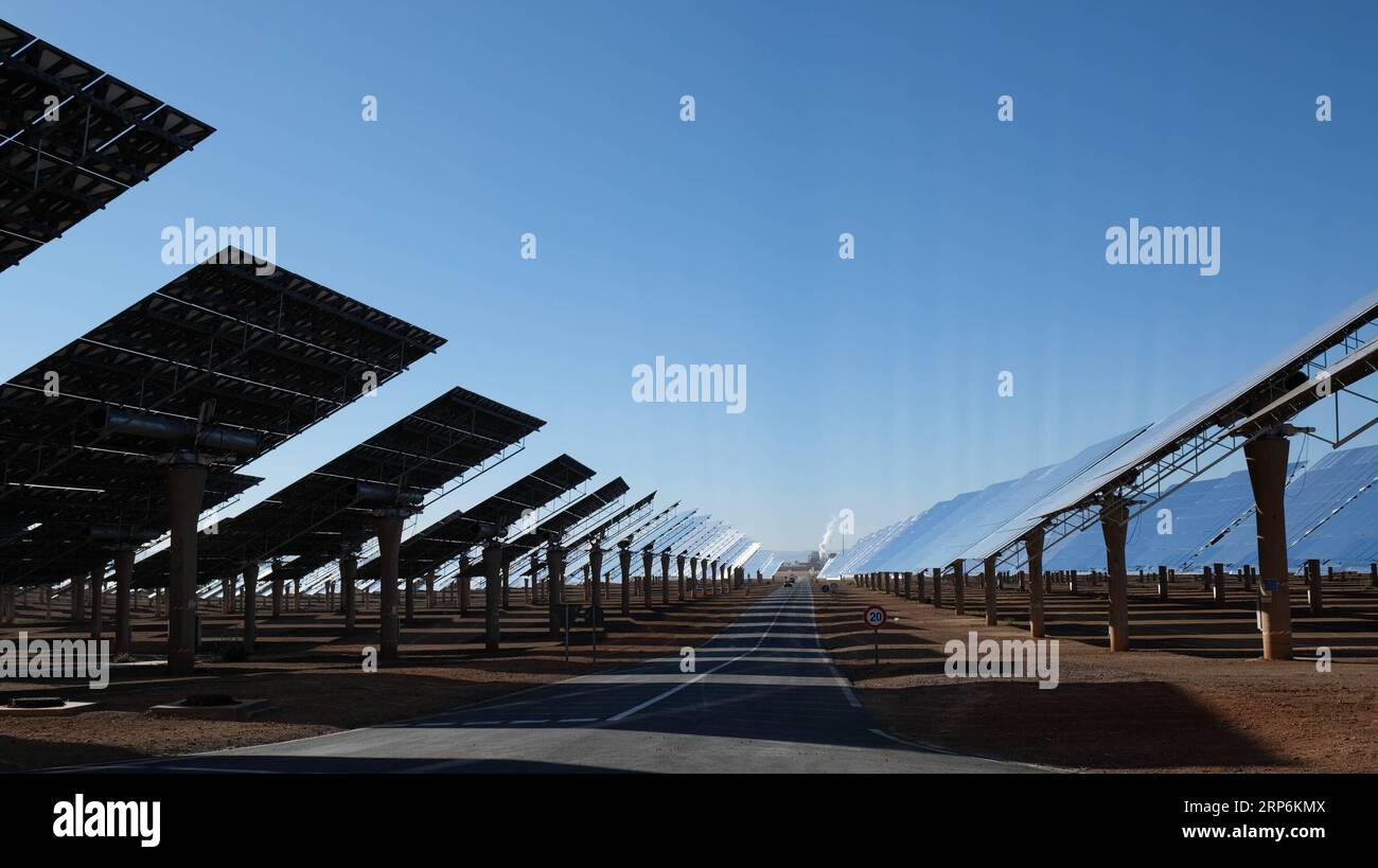 (190116) -- OUARZAZATE, Jan. 16, 2019 (Xinhua) -- Photo taken on Jan. 10, 2018 shows part of Morocco s NOOR III Concentrated Solar Power (CSP) project in Ouarzazate, Morocco. Since 2015, Shandong Electric Power Construction Co., Ltd (SEPCO III), a subsidiary of Power Construction Corporation of China, has undertaken the construction of NOOR II and NOOR III CSP projects in Ouarzazate. The NOOR II and NOOR III projects have already been put into commercial operation, and the two power stations have achieved stable full-load operation, and have already delivered hundreds of millions of kwh to the Stock Photo