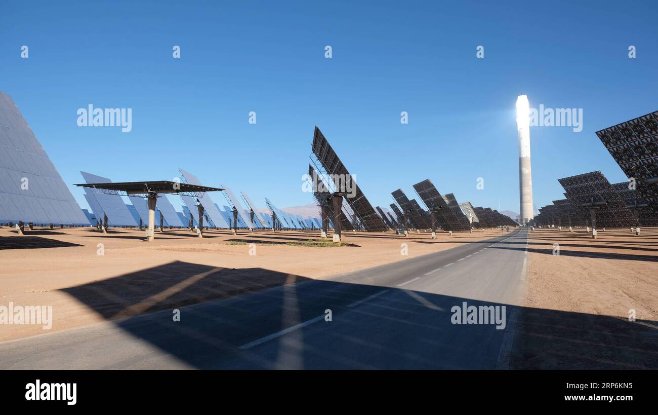 (190116) -- OUARZAZATE, Jan. 16, 2019 (Xinhua) -- Photo taken on Jan. 10, 2018 shows part of Morocco s NOOR III Concentrated Solar Power (CSP) project in Ouarzazate, Morocco. Since 2015, Shandong Electric Power Construction Co., Ltd (SEPCO III), a subsidiary of Power Construction Corporation of China, has undertaken the construction of NOOR II and NOOR III CSP projects in Ouarzazate. The NOOR II and NOOR III projects have already been put into commercial operation, and the two power stations have achieved stable full-load operation, and have already delivered hundreds of millions of kwh to the Stock Photo