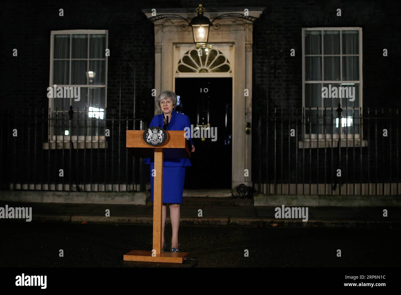 (190117) -- LONDON, Jan. 17, 2019 -- British Prime Minister Theresa May makes a statement outside 10 Downing street, in London, Britain on Jan. 16, 2019. The British government survived a no-confidence vote at the parliament on Wednesday, one day after it suffered a record-breaking Brexit deal vote defeat. ) BRITAIN-LONDON-PM-STATEMENT TimxIreland PUBLICATIONxNOTxINxCHN Stock Photo